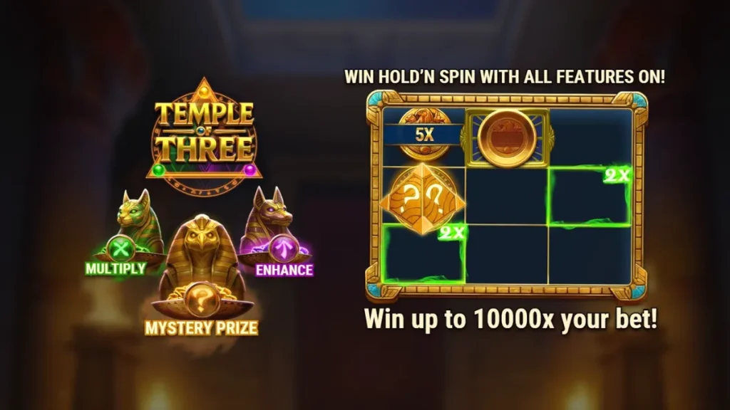 Cena atmosférica do slot Temple of Three com deuses egípcios e hieróglifos brilhantes
